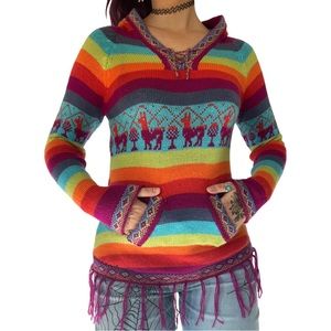 Retro Rainbow Striped Hoodie Fringe Sweater • Size Small/Medium 🌈